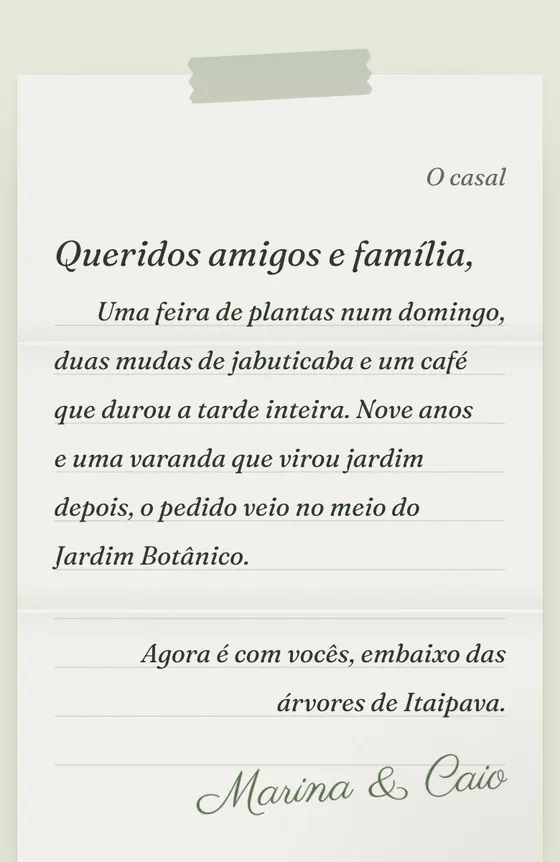 Nossa história: Carta escrita à mão · Jardim Botânico