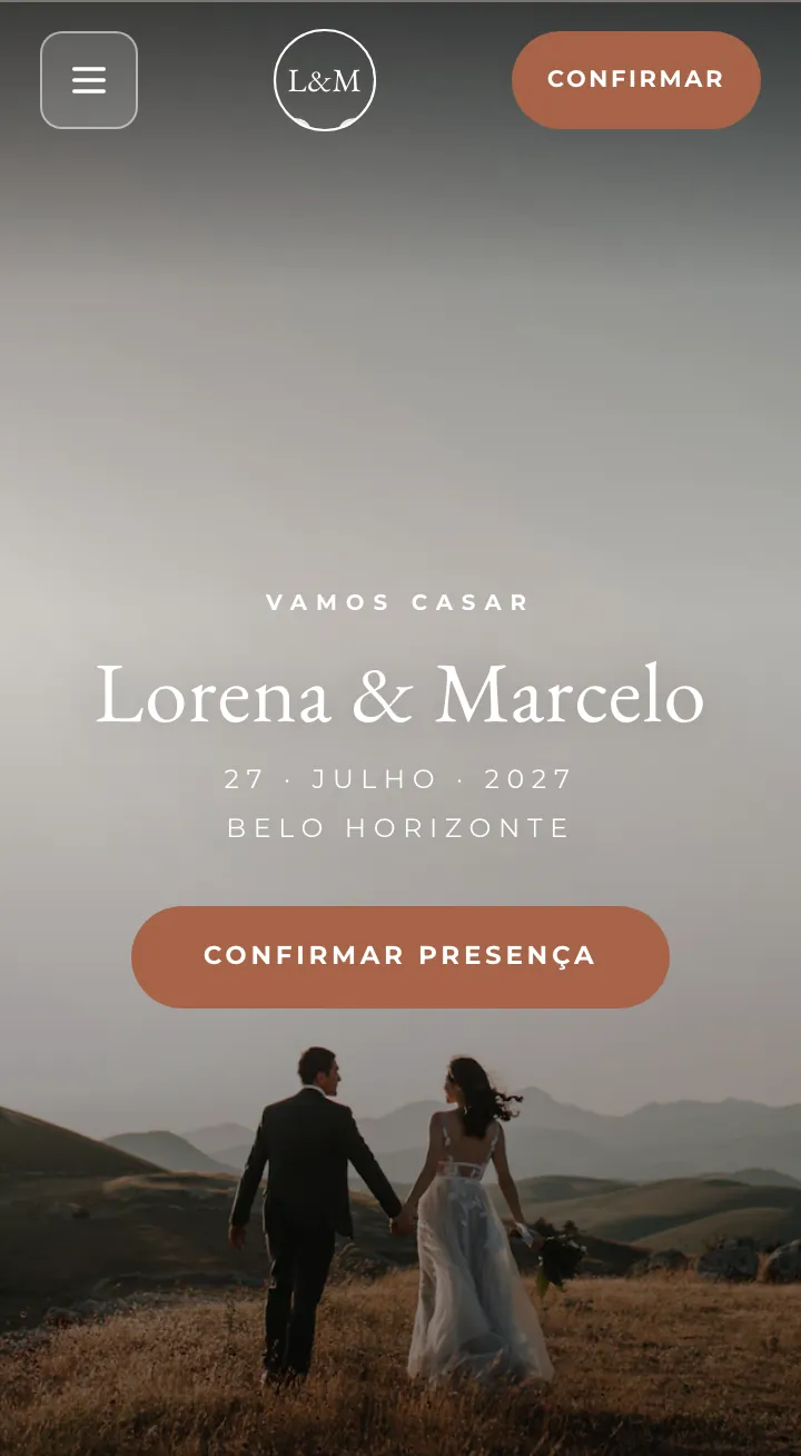 Capa do site de exemplo no modelo Boho Terroso, com os nomes Lorena & Marcelo