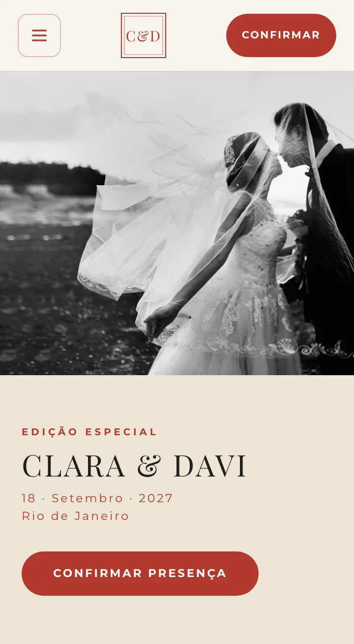Capa do site de exemplo no modelo Editorial, com os nomes Clara & Davi
