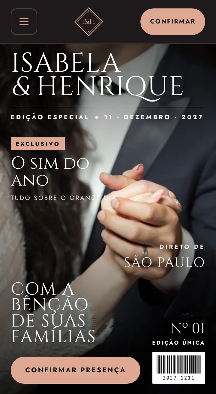 Capa do site de exemplo no modelo Noite de Gala, com os nomes Isabela & Henrique