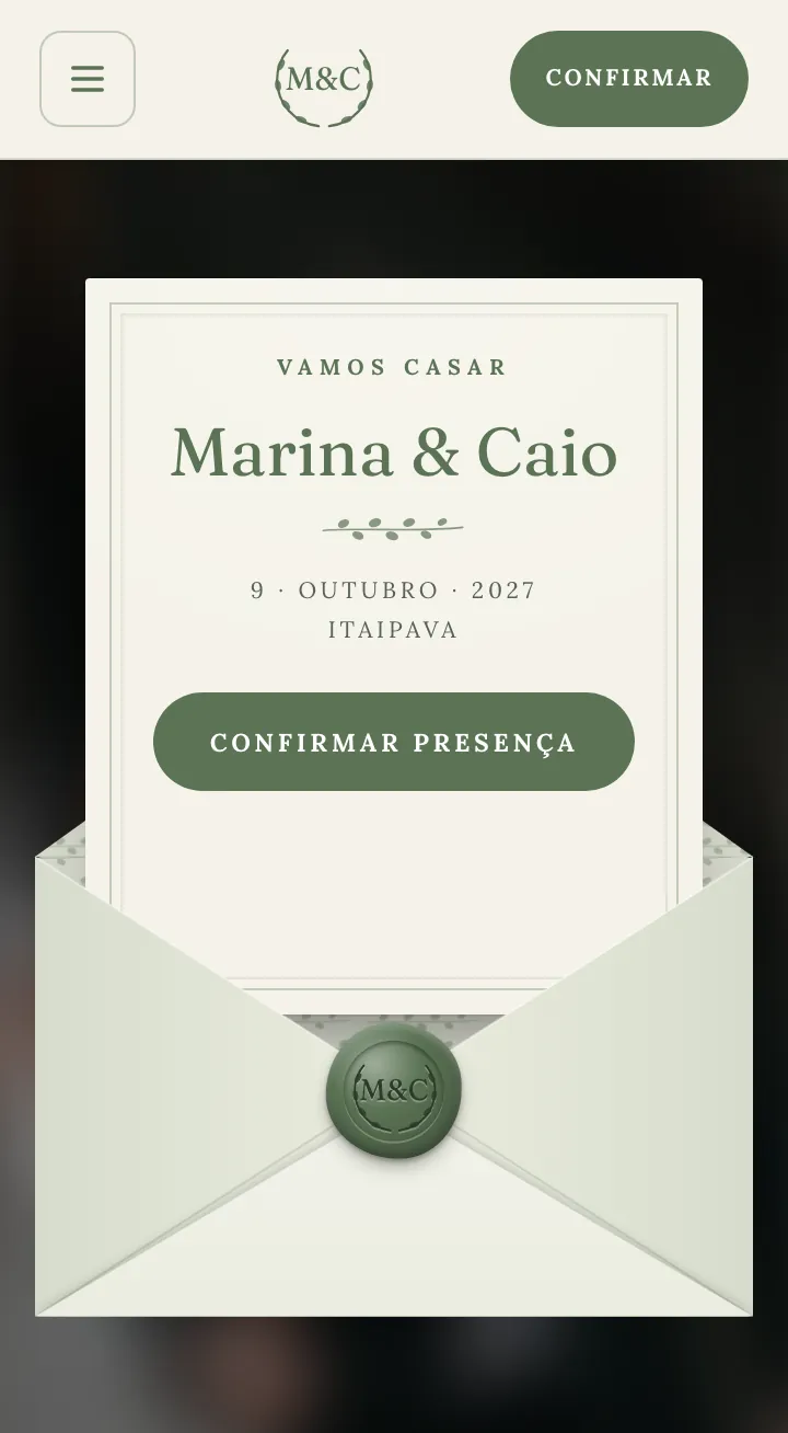 Capa do site de exemplo no modelo Jardim Botânico, com os nomes Marina & Caio