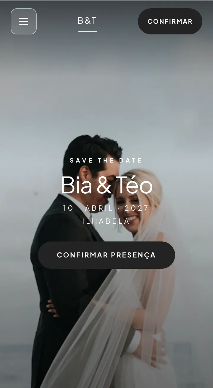 Capa do site de exemplo no modelo Minimal Moderno, com os nomes Bia & Téo