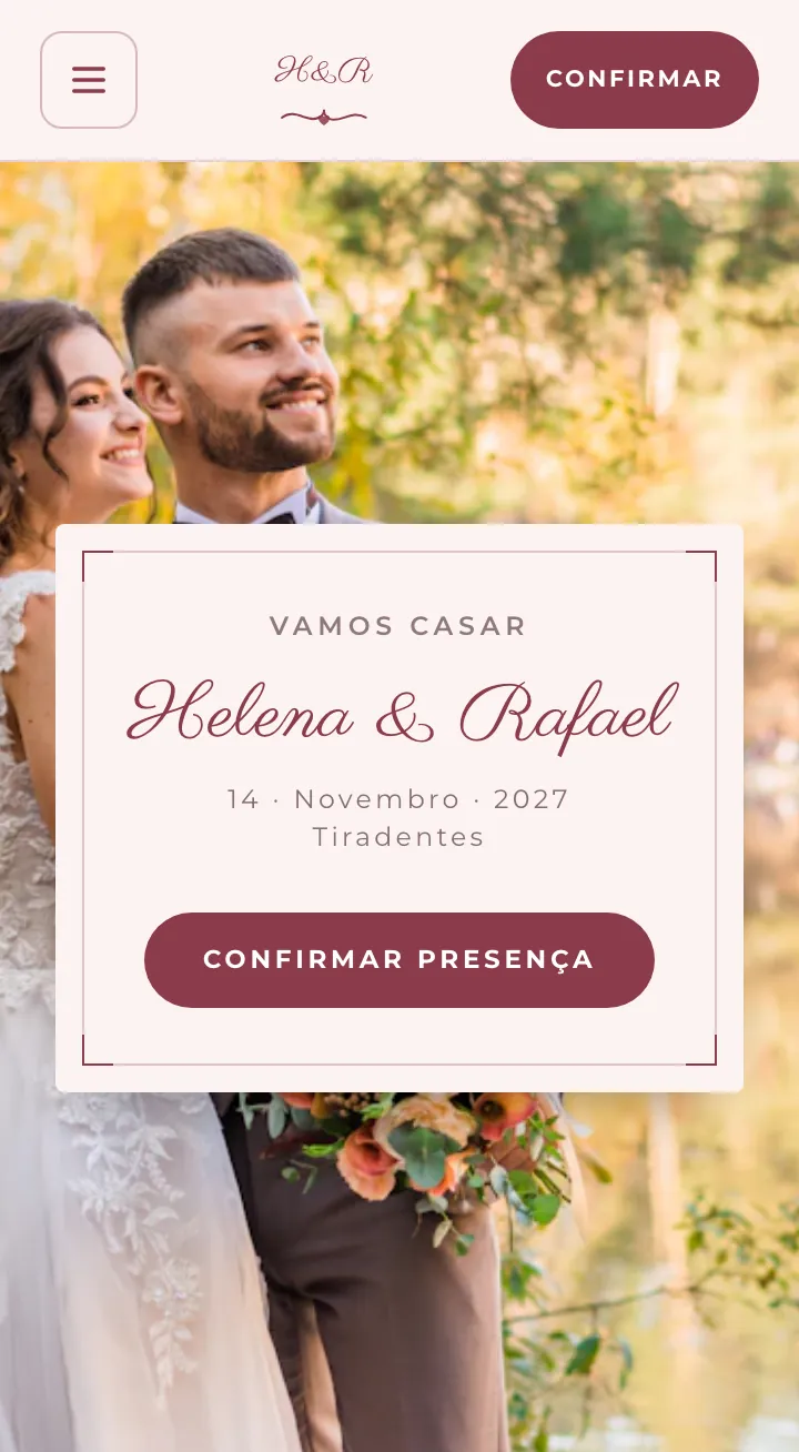 Capa do site de exemplo no modelo Romântico, com os nomes Helena & Rafael