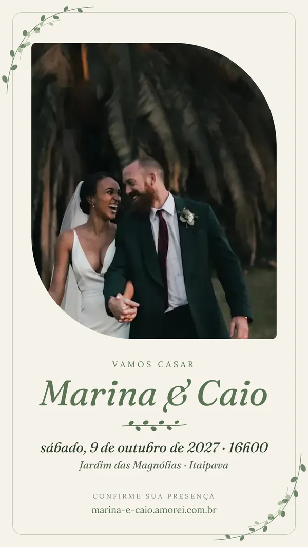 Convite Jardim Botânico com a foto do casal, pronto para o WhatsApp