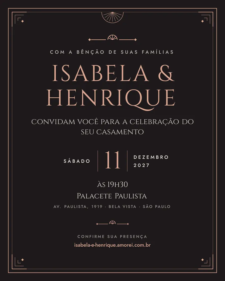 Arte do convite no modelo Noite de Gala, fundo grafite com moldura art déco em ouro rosé, os nomes Isabela e Henrique, a data e o lugar