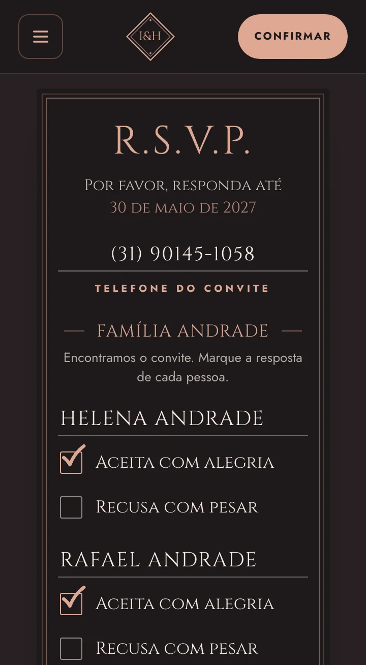 Cartão de resposta com o convite da Família Andrade encontrado pelo telefone e as opções aceita com alegria ou recusa com pesar para cada pessoa