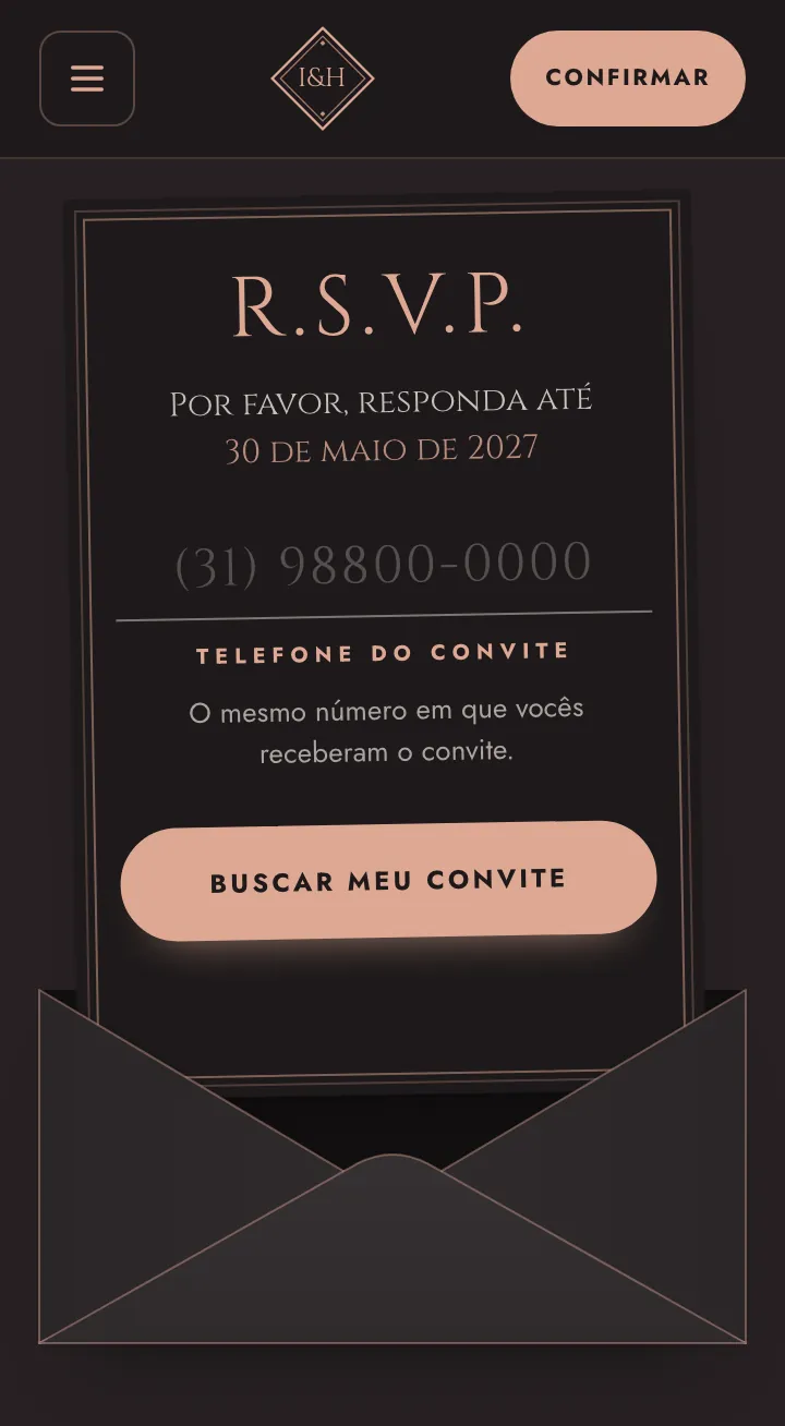 Cartão de resposta da confirmação de presença pedindo o telefone do convite, o mesmo número em que o convidado recebeu o convite