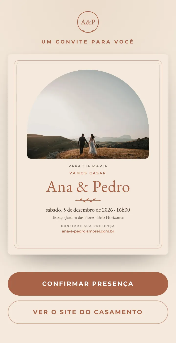 Página do convite aberta pelo link do WhatsApp, com a arte Para Tia Maria e os botões confirmar presença e ver o site do casamento