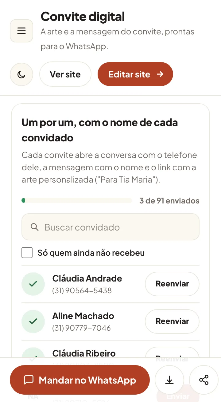 Lista Um por um do convite digital no painel, com 3 de 91 convites enviados, a busca, o filtro de quem ainda não recebeu e os botões Enviar e Reenviar