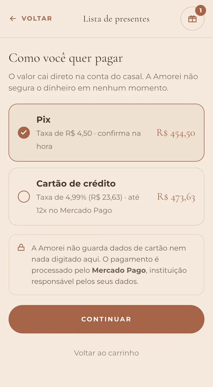 Tela de pagamento do presente com as opções Pix e cartão de crédito, cada uma com o valor final