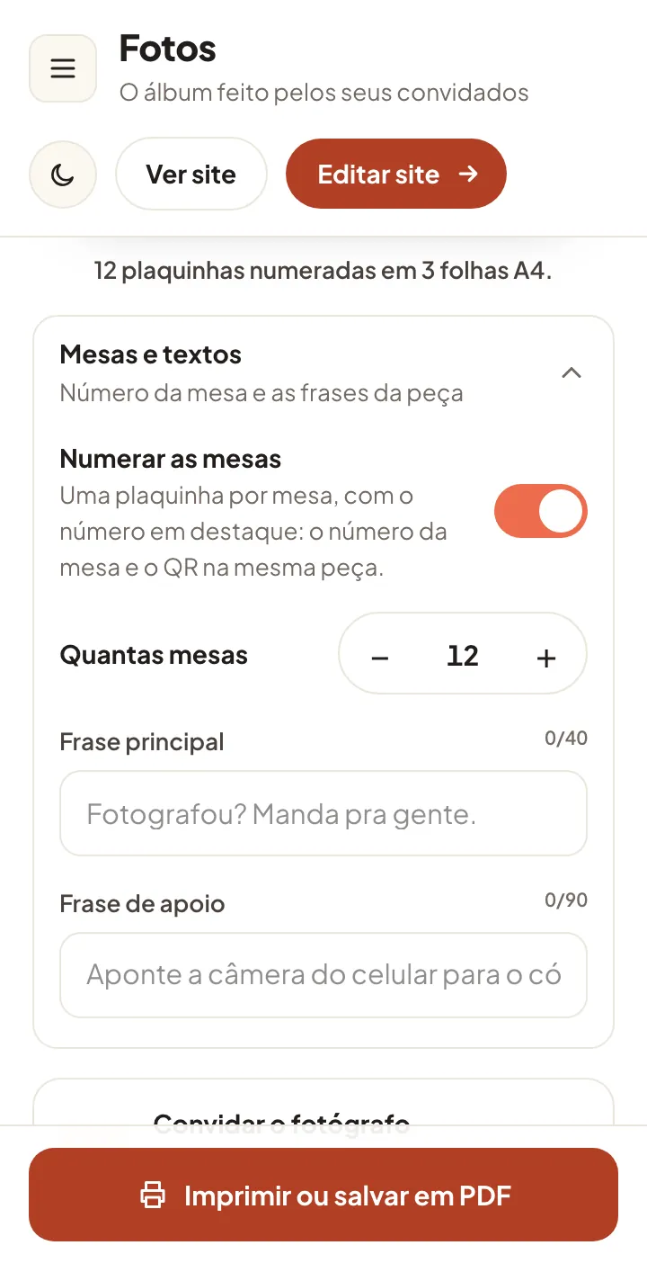 Opções da plaquinha com “Numerar as mesas” ligado, 12 mesas e os campos da frase principal e da frase de apoio
