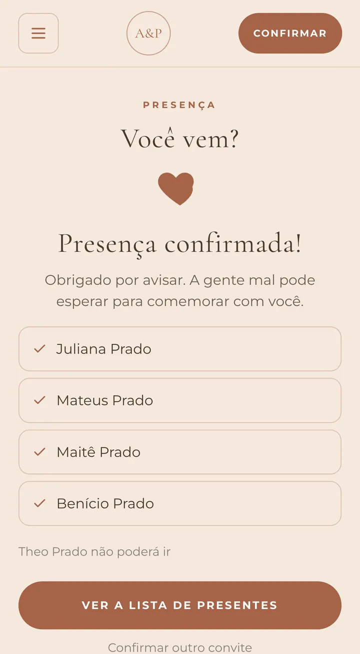 Tela de presença confirmada com a lista de quem da família vai