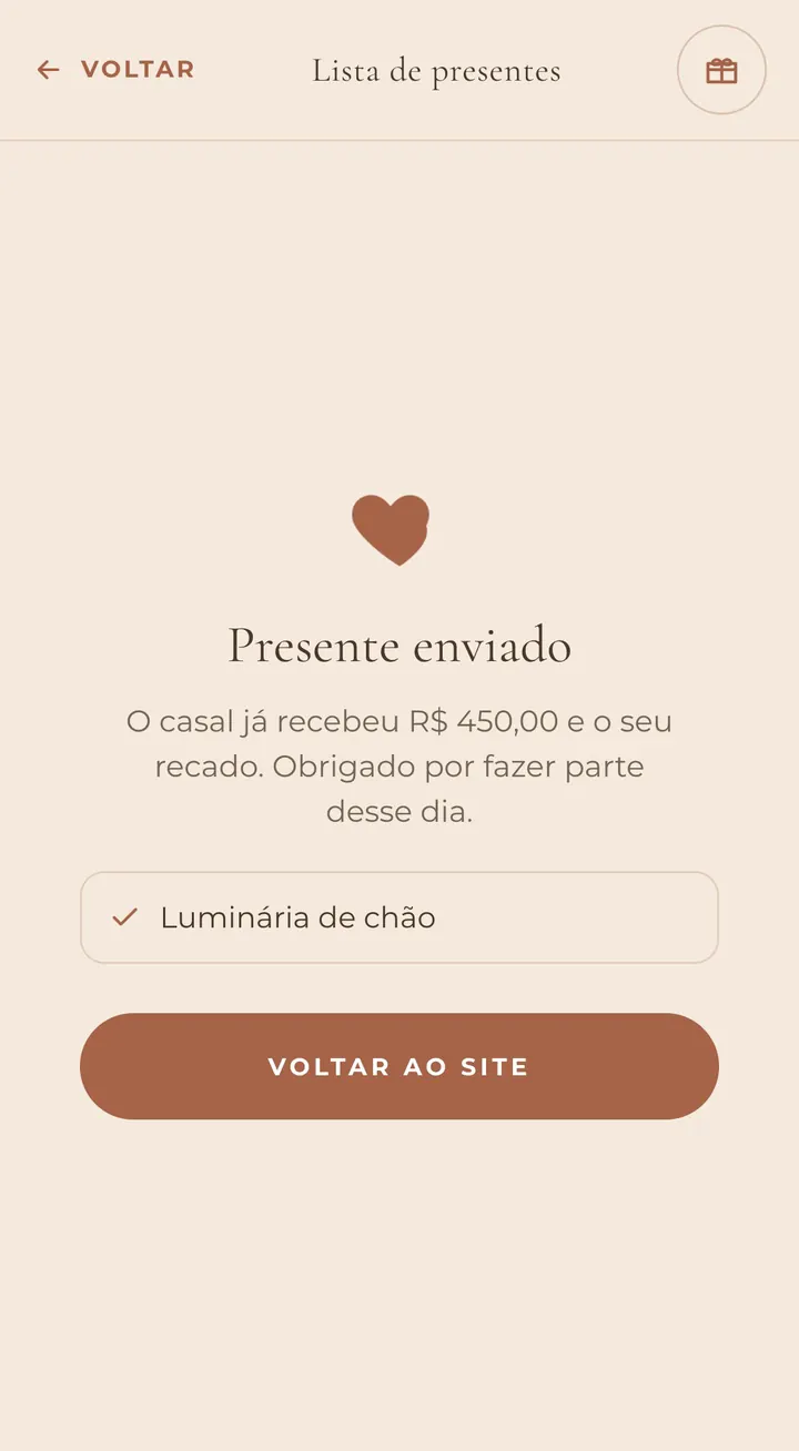 Confirmação de presente enviado, com o valor que o casal recebeu e o recado do convidado