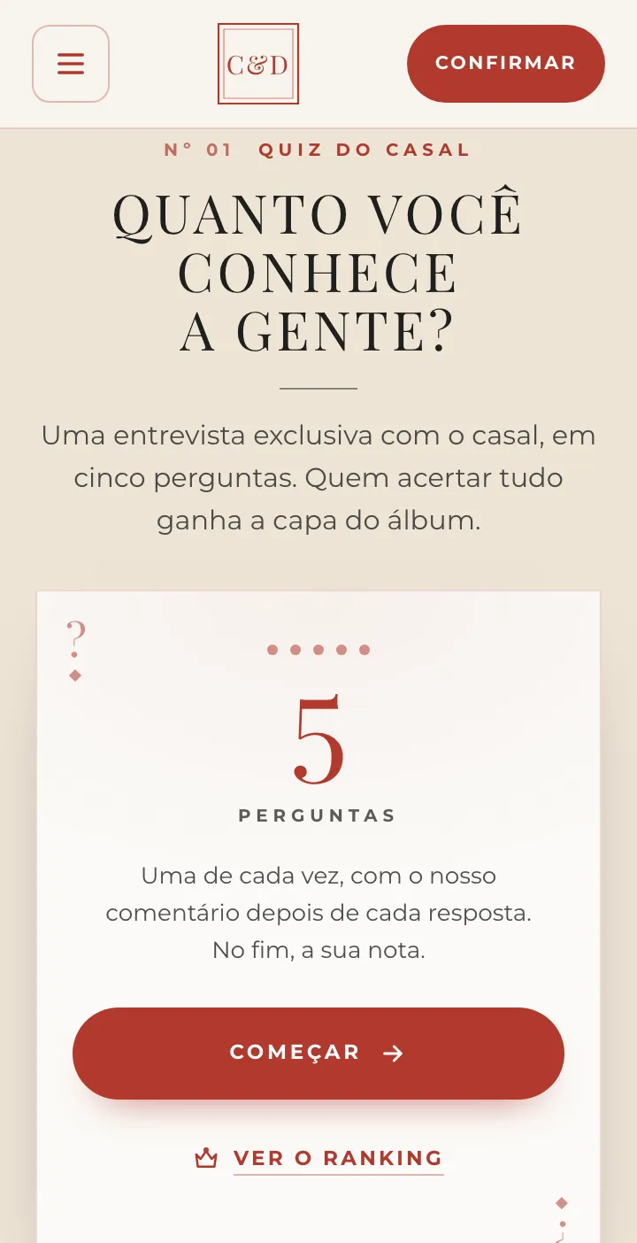 Abertura do quiz do casal no modelo Editorial, com o título em versalete e o botão Começar em vermelho