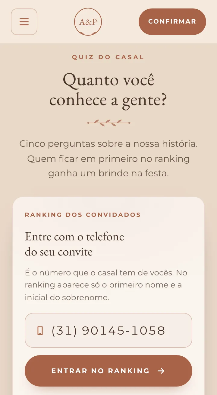 Tela do quiz para entrar no ranking, com o telefone do convite digitado e o botão Entrar no ranking