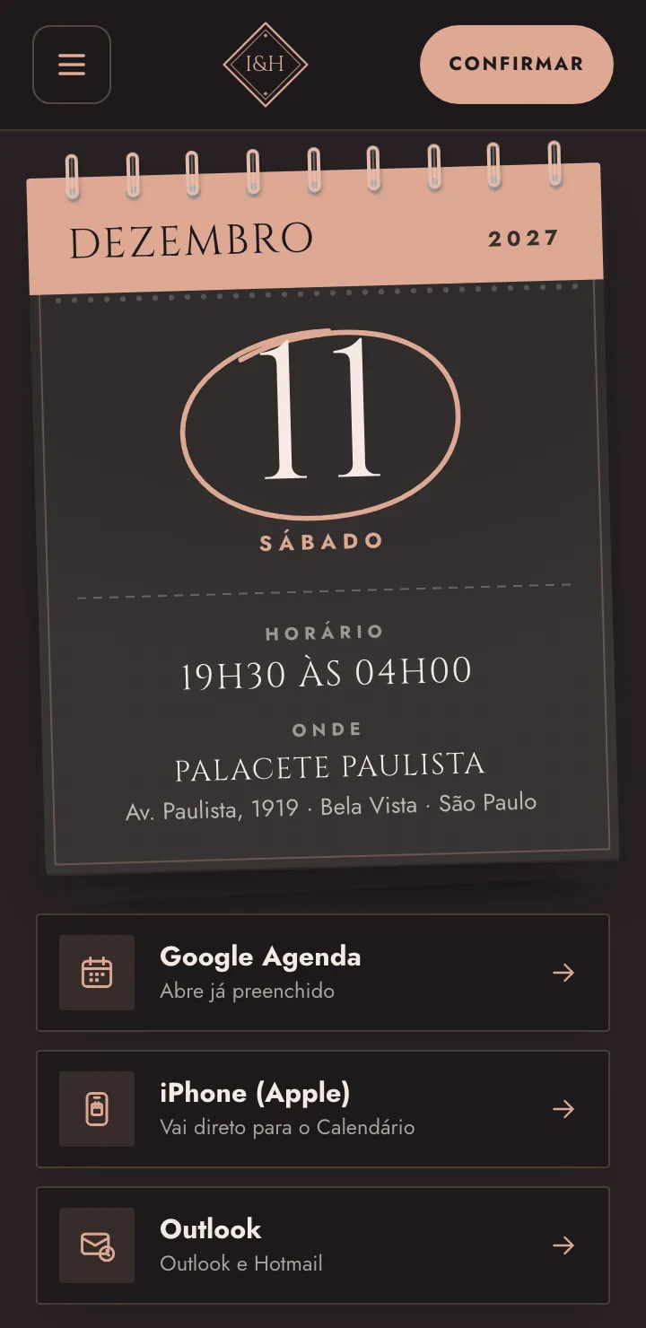 Bloco Salve na agenda no modelo Noite de Gala, com a folha de dezembro, o dia 11 circulado, o horário, o lugar e os botões Google Agenda, iPhone e Outlook
