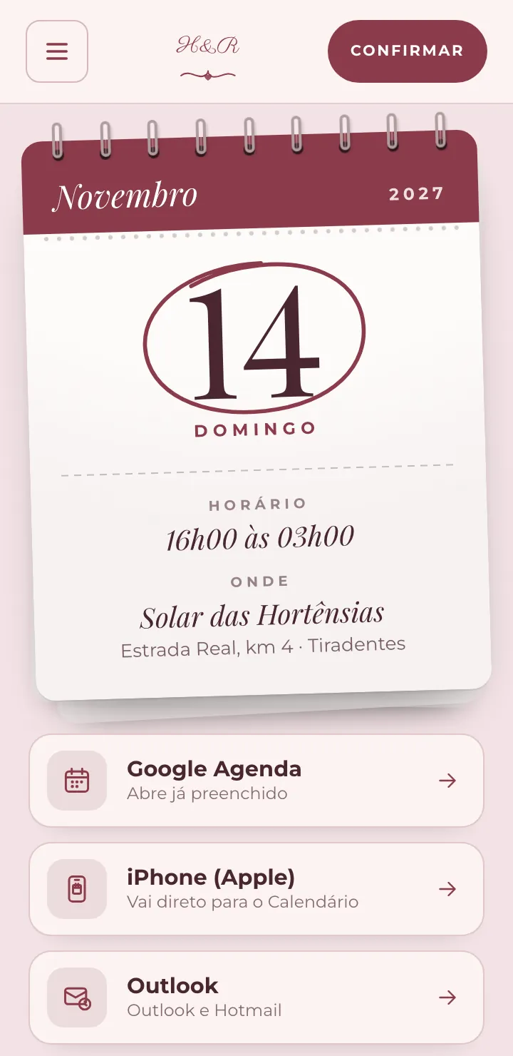 Bloco Salve na agenda no modelo Romântico, com a folha de novembro, o dia 14 circulado, o horário, o lugar e os botões Google Agenda, iPhone e Outlook