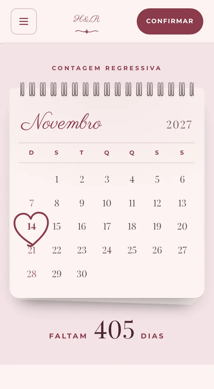 Contagem regressiva no estilo calendário marcado, com a folha de novembro, o dia 14 dentro de um coração e quantos dias faltam