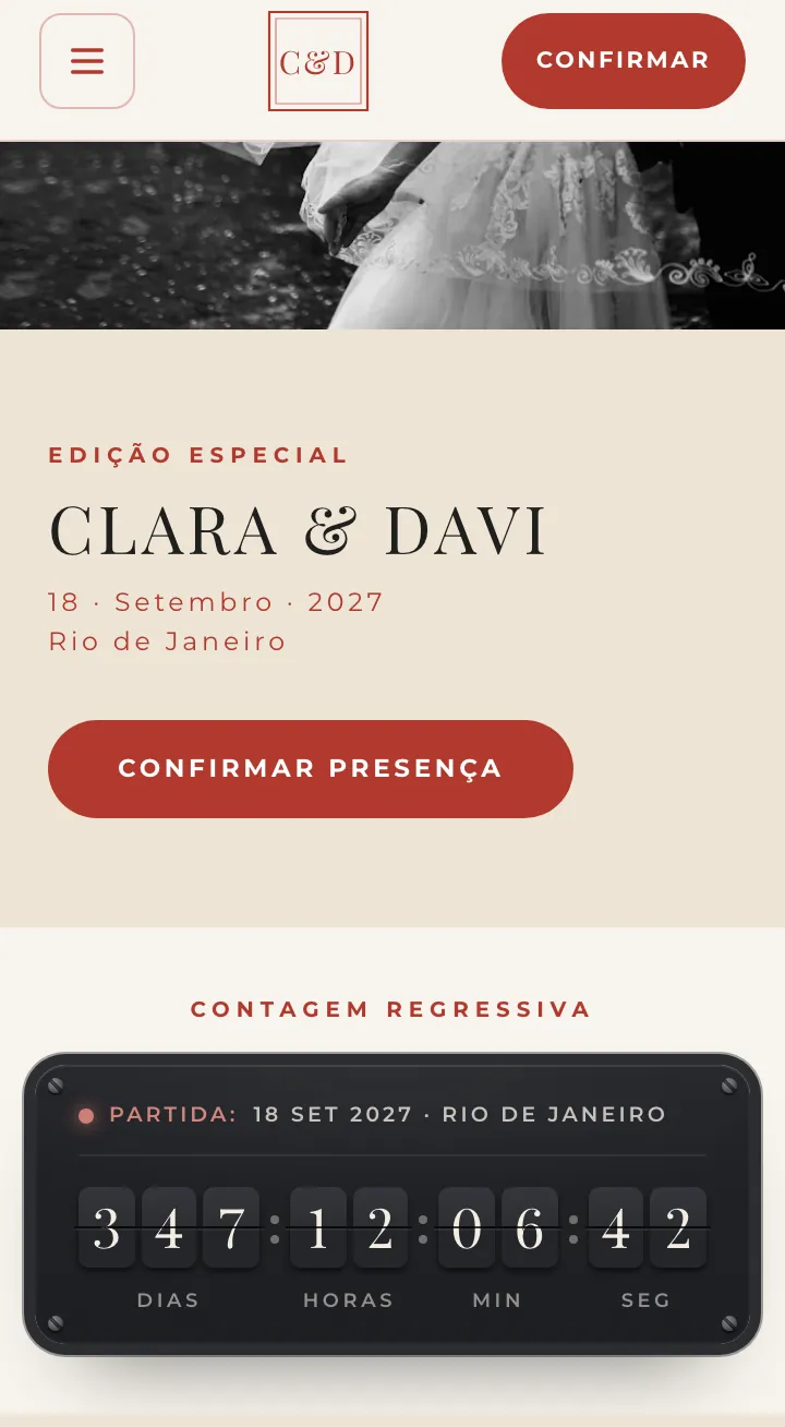 Contagem regressiva no estilo placar de aeroporto, com dias, horas, minutos e segundos e a linha de partida com a data e o Rio de Janeiro