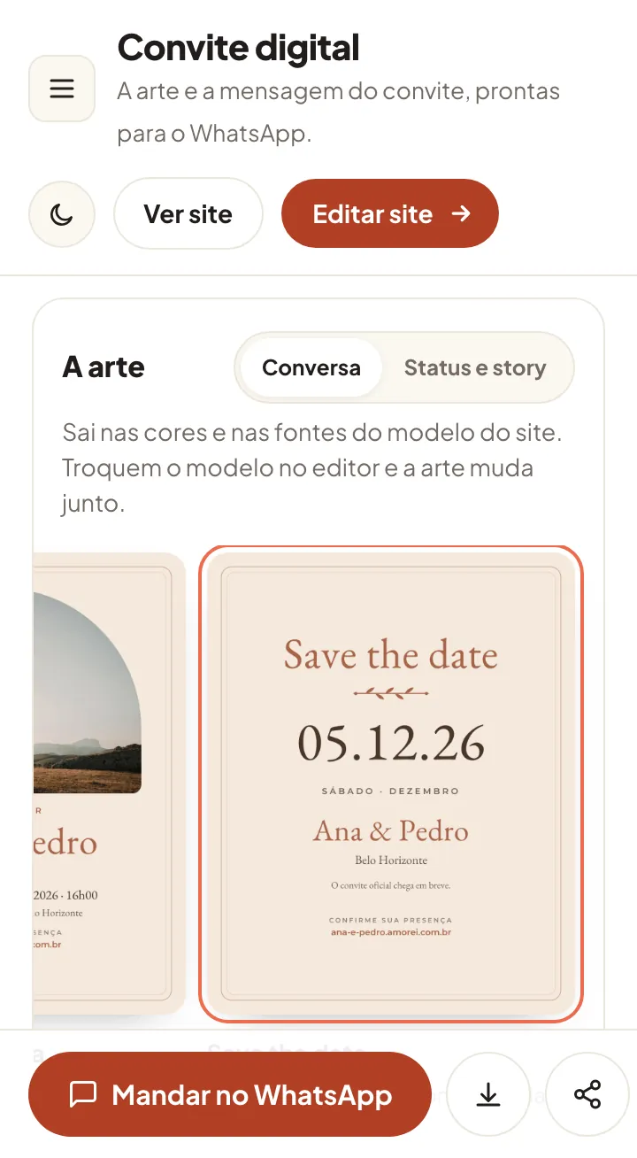 Tela Convite digital do painel com o desenho Save the date escolhido entre as artes, nos formatos conversa e status