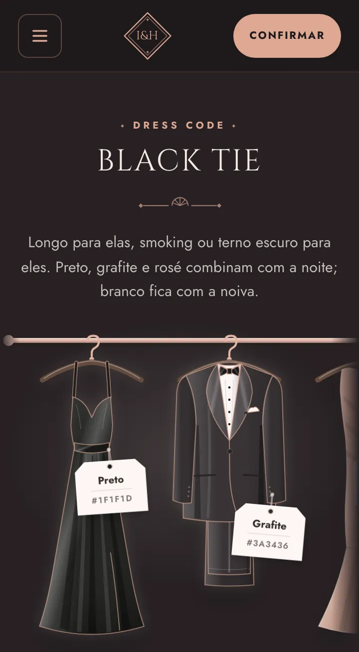 Bloco de dress code black tie no estilo cabides, com um vestido longo e um smoking com as etiquetas das cores da paleta