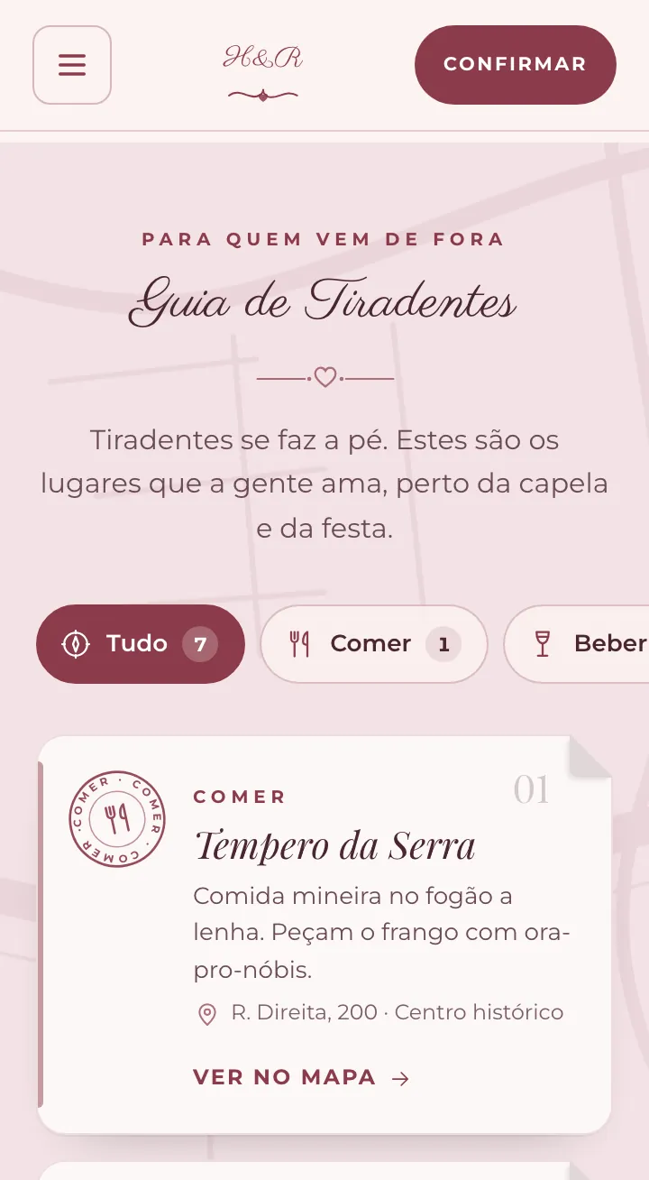 Guia da cidade com os filtros Tudo, Comer e Beber e o cartão de um restaurante com a dica do casal e o botão Ver no mapa