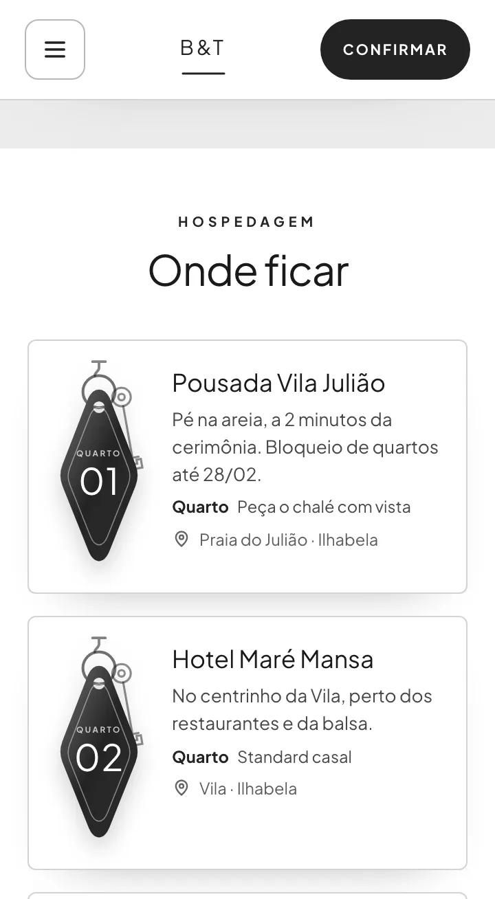 Bloco de hospedagem no estilo chaveiro de hotel, com duas pousadas, a descrição, o quarto indicado e o endereço