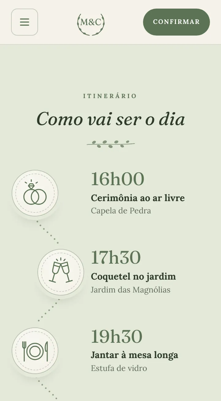 Itinerário do dia no estilo roteiro ilustrado, com um desenho para a cerimônia, o coquetel e o jantar