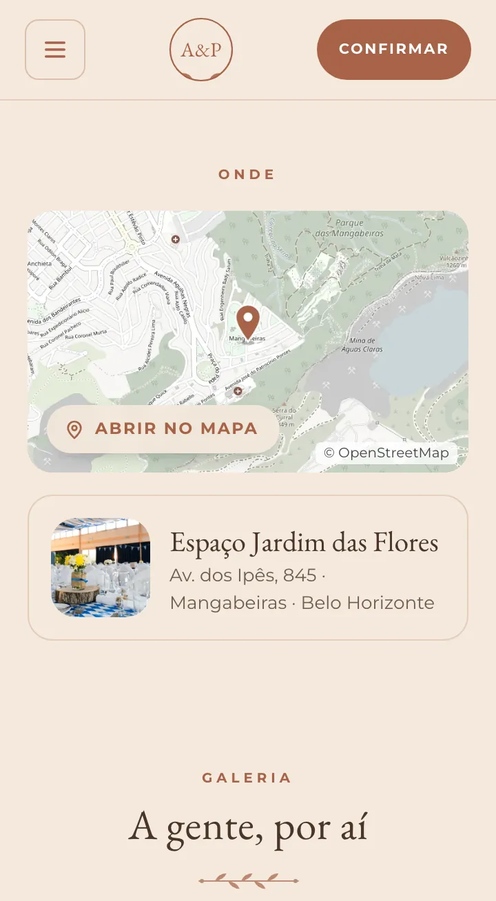 Bloco de localização com o recorte do mapa, o pino no lugar da festa, o botão Abrir no mapa e o endereço