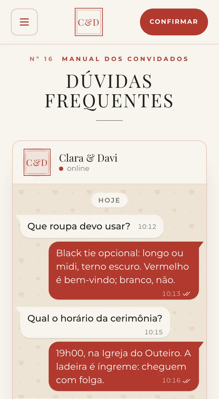Manual do convidado no estilo bate-papo, com as perguntas sobre traje e horário respondidas pelo casal como mensagens